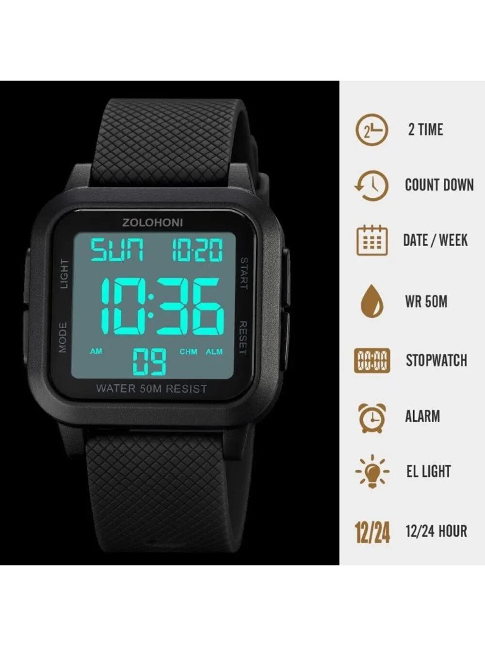 Men's Black White Analog Quartz Stainless Steel Waterproof Square Digital Watch